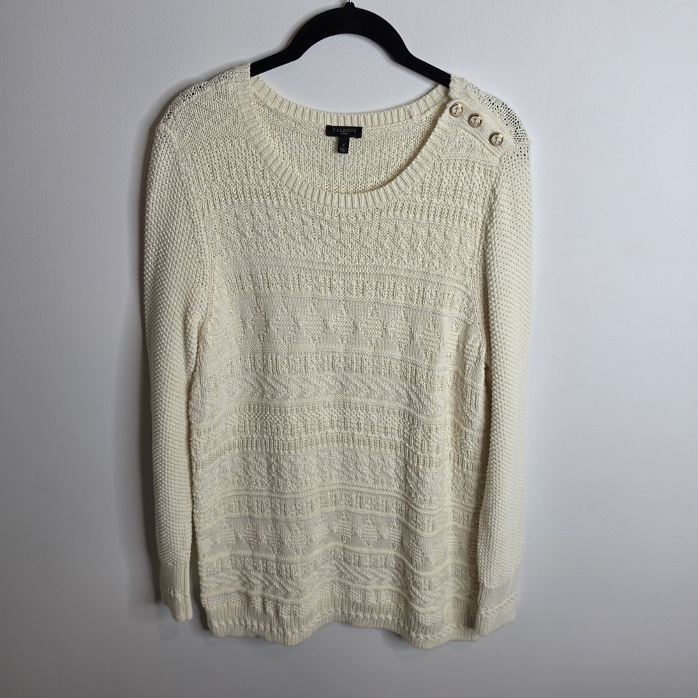Talbots Sweater Womens X Cream Cotton Pointelle Knit Button Shoulder 9183